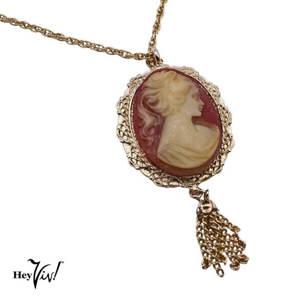 Vintage Cameo Pendant Necklace w Ornate Frame and Tassel 23" Chain - Hey Viv - Picture 2 of 5
